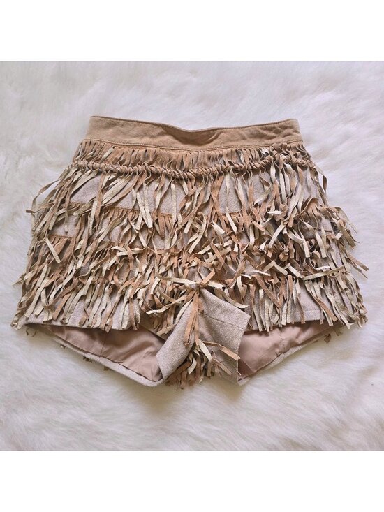 bebe Pants - Bebe Ravey Suede Fringe Shorts Beige/Light Brown Size 0